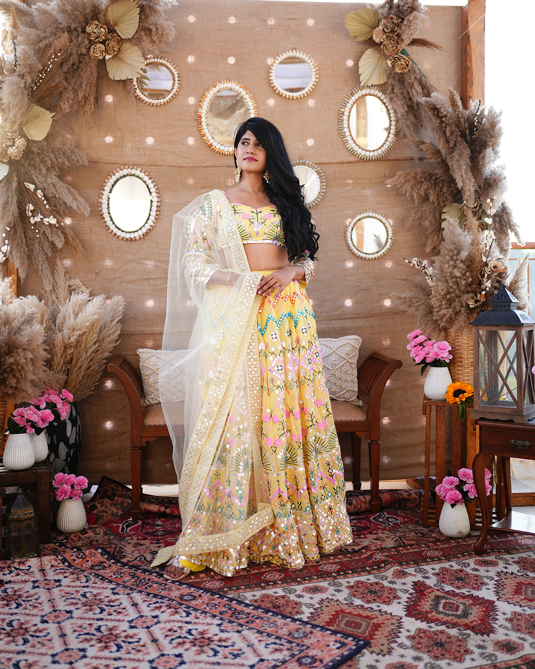 Banana Yellow Foil mirror work Lehenga