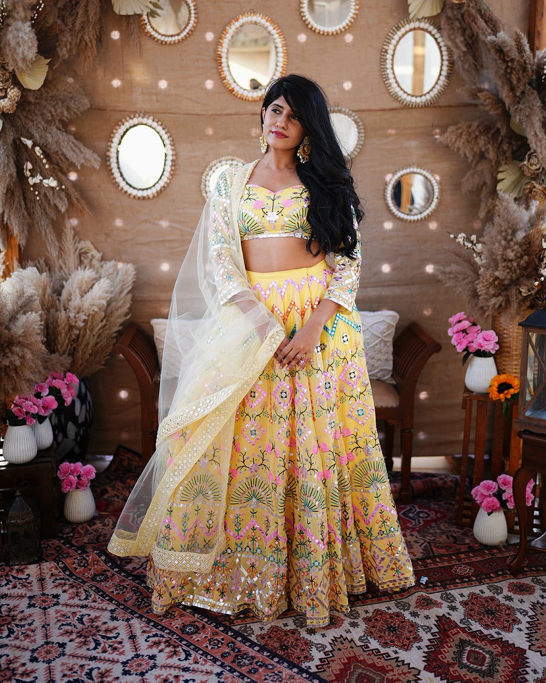 Banana Yellow Foil mirror work Lehenga