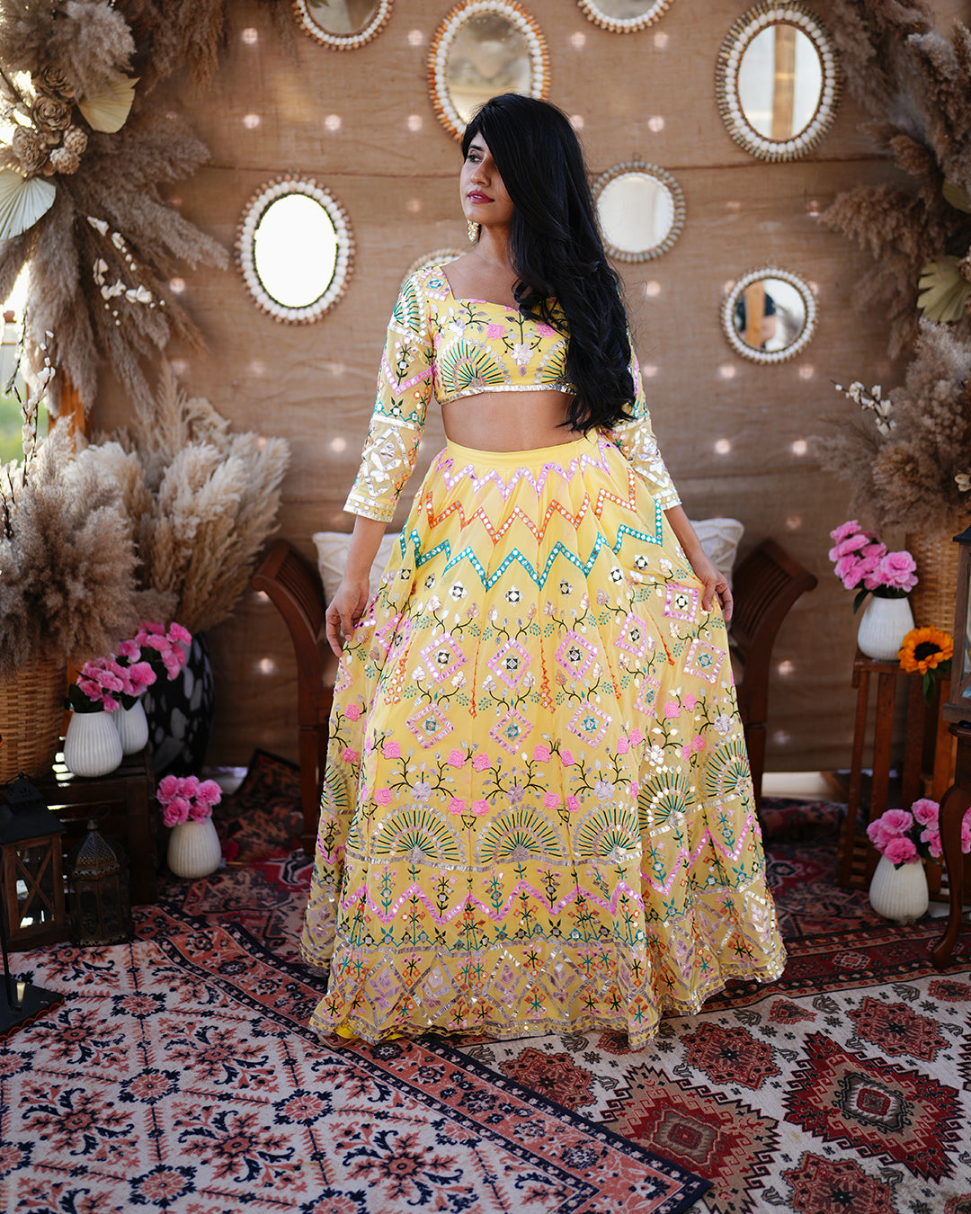 Banana Yellow Foil mirror work Lehenga