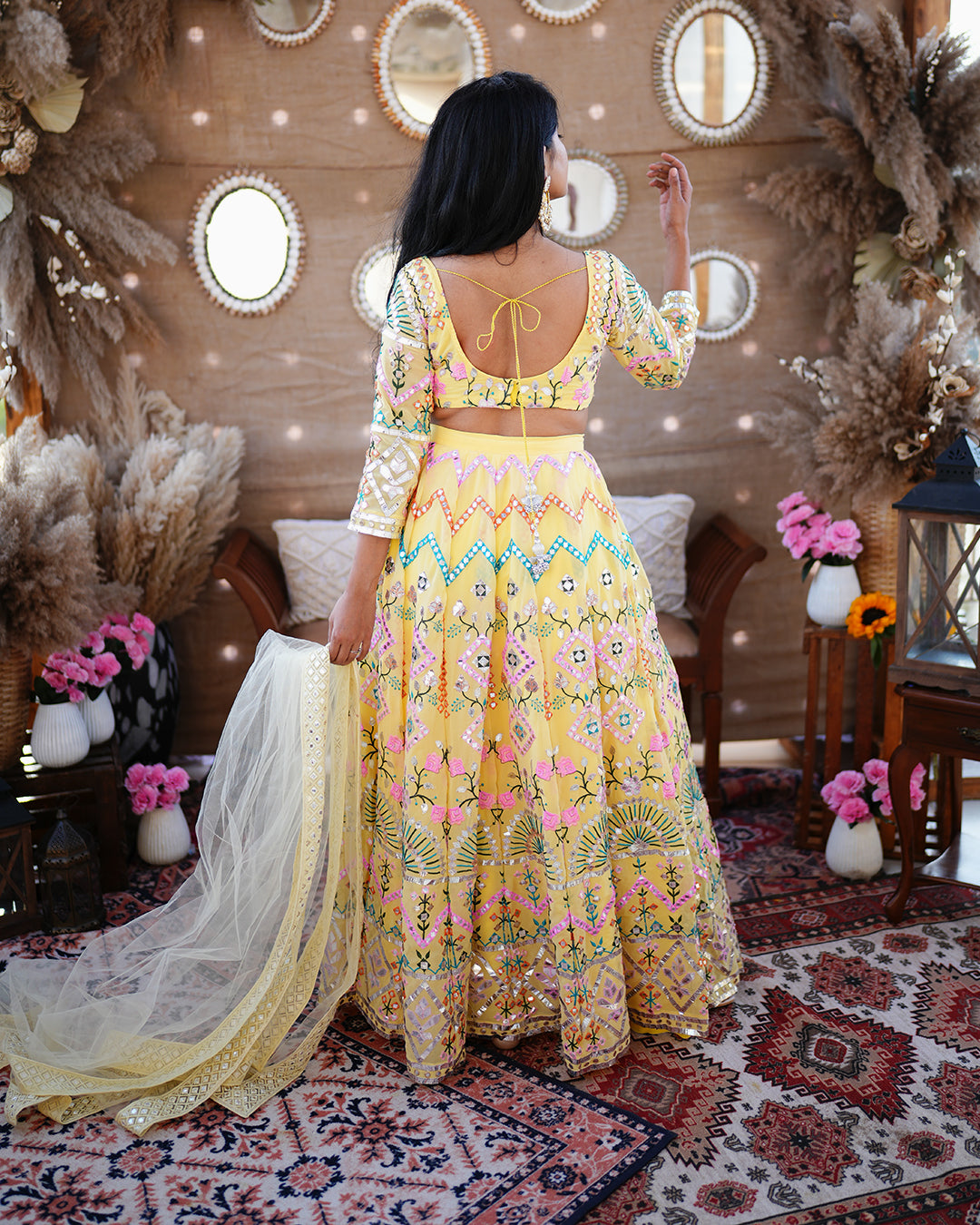Banana Yellow Foil mirror work Lehenga