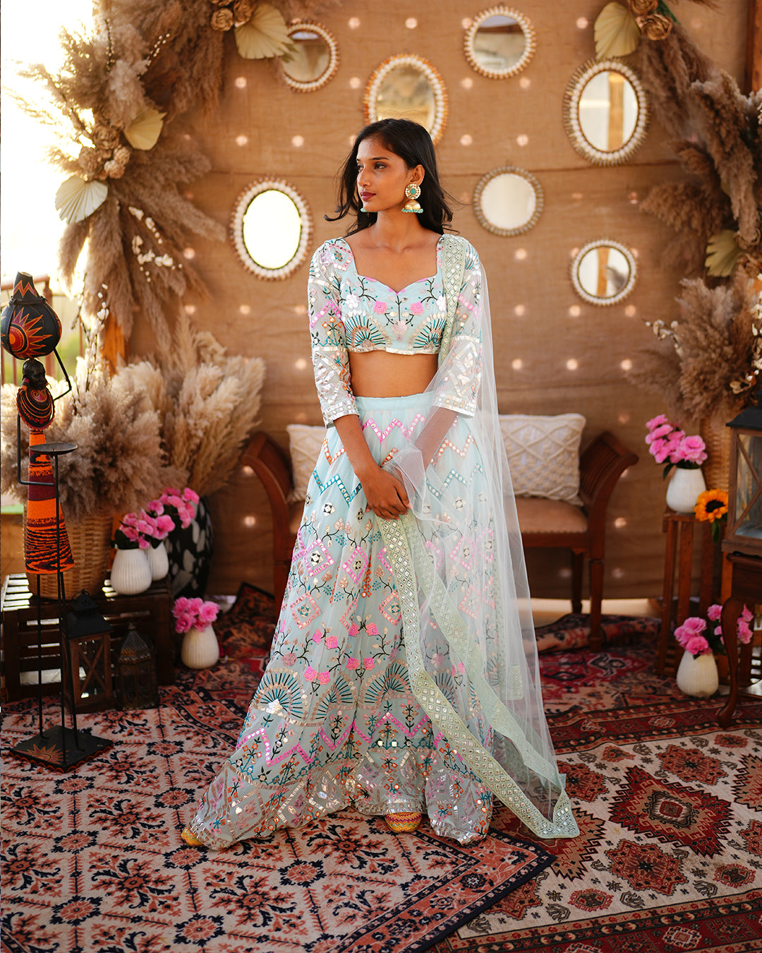 Sky Blue Foil mirror work Lehenga