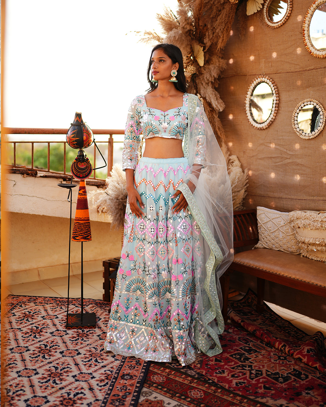 Sky Blue Foil mirror work Lehenga