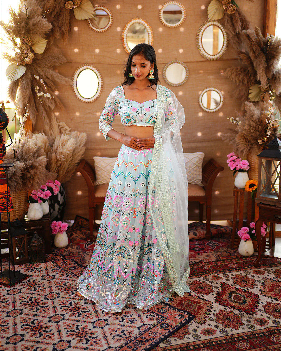 Sky Blue Foil mirror work Lehenga
