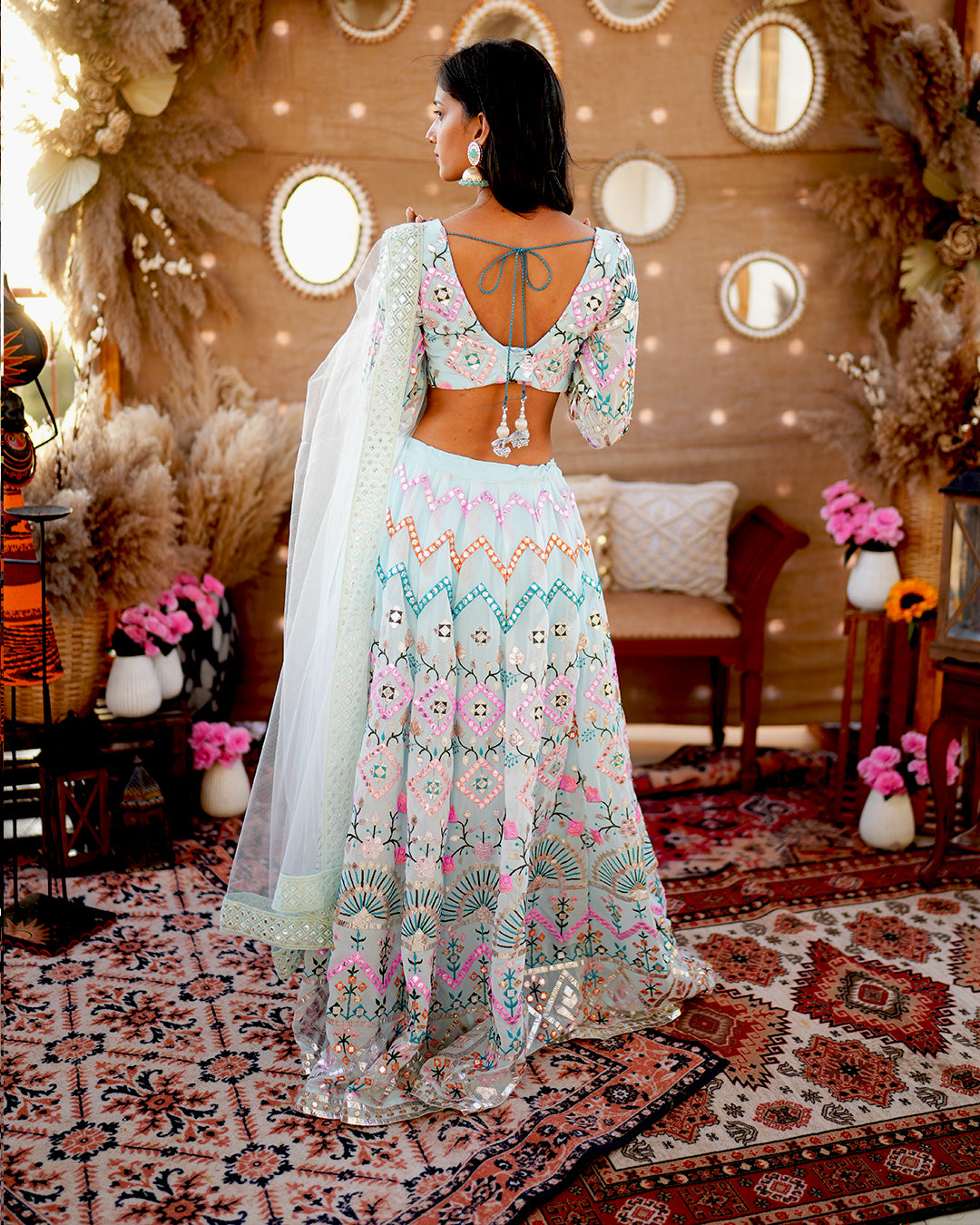Sky Blue Foil mirror work Lehenga