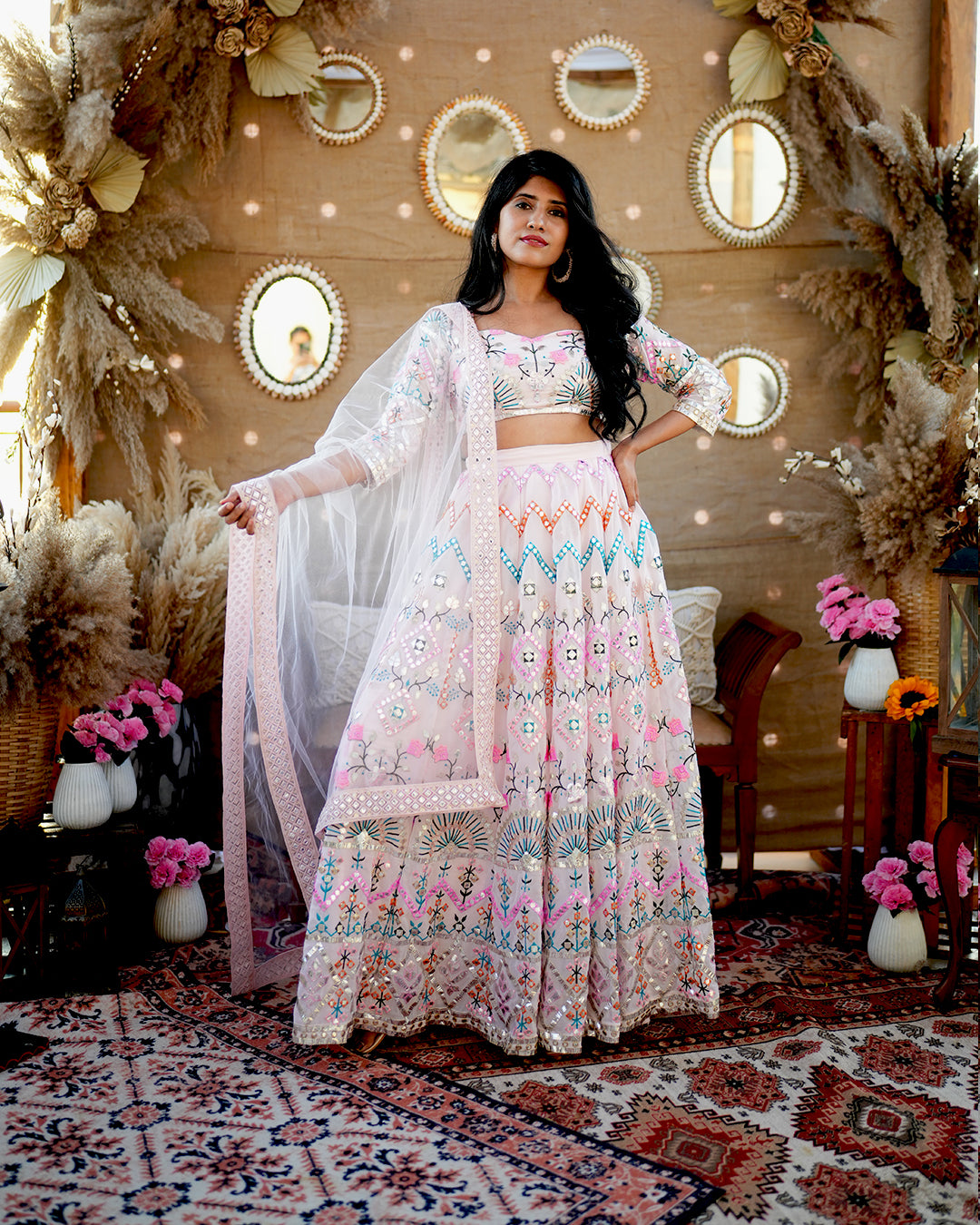 Powder Pink Foil mirror work Lehenga