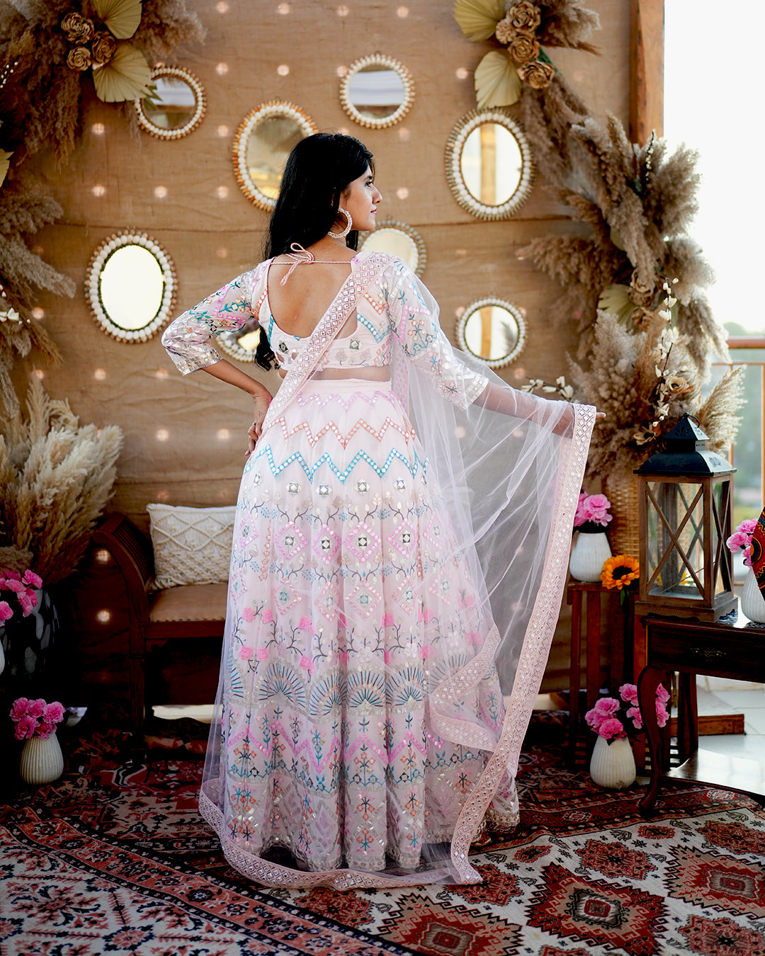 Powder Pink Foil mirror work Lehenga