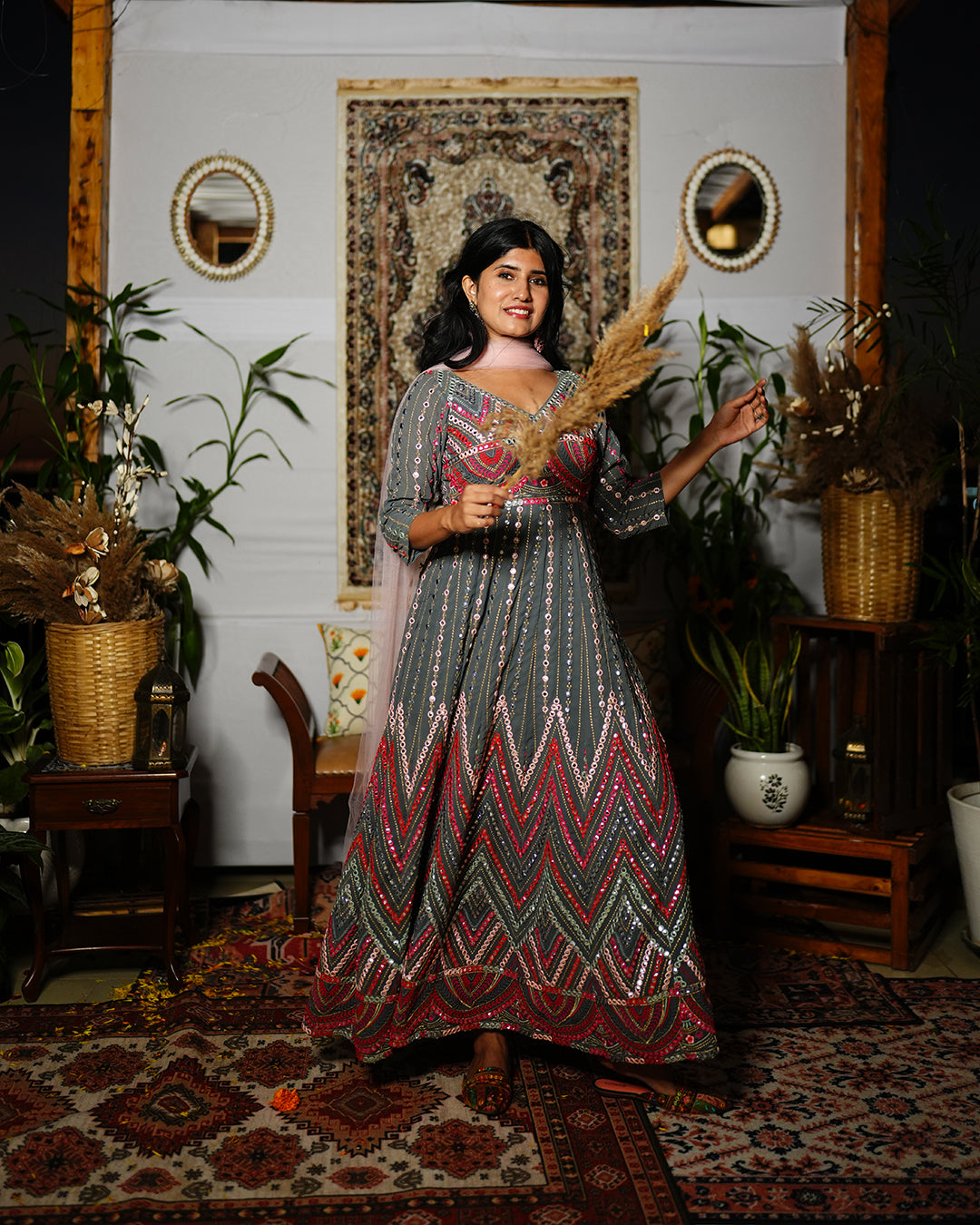 Grey mirror work anarkali set