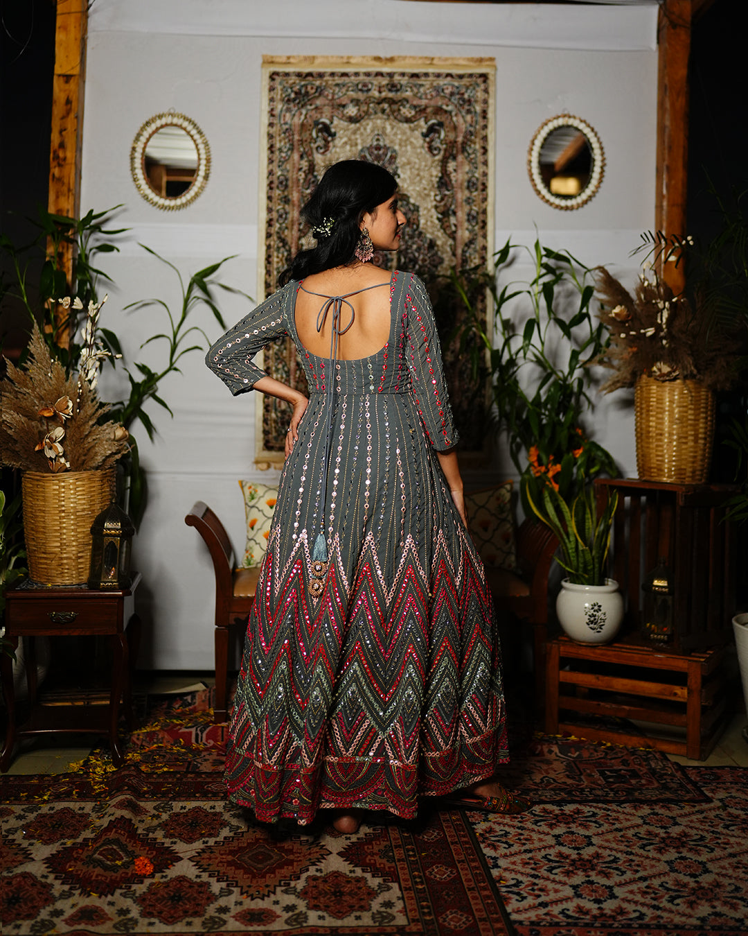 Grey mirror work anarkali set