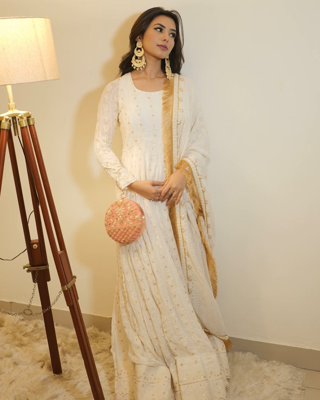 Egret white Viscose blooming georgette Anarkali