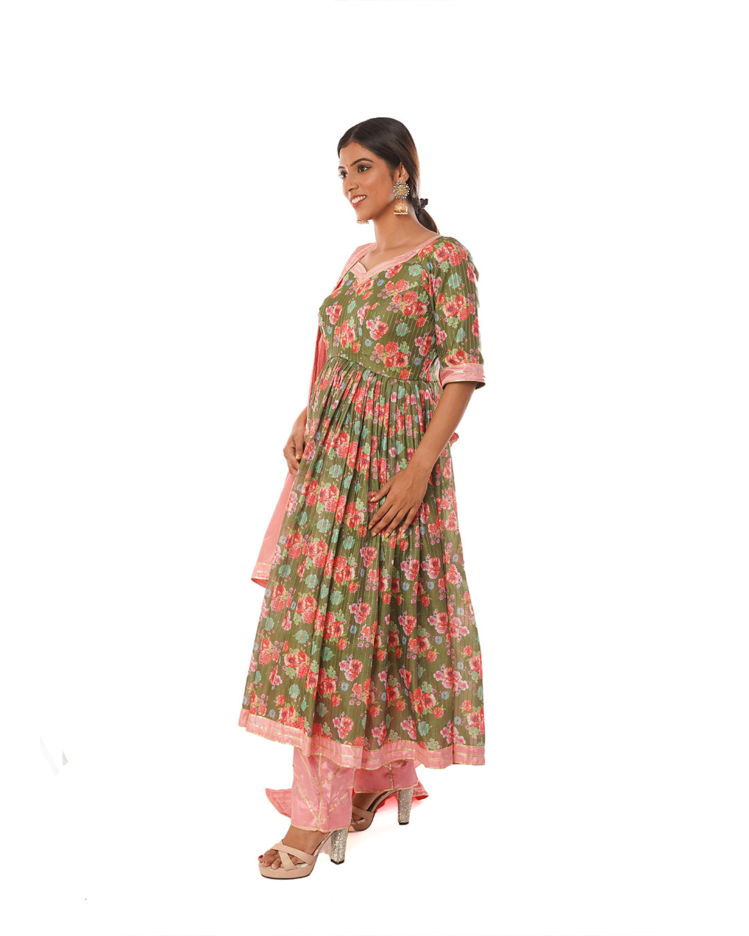 Moss green chanderi cotton anarkali set