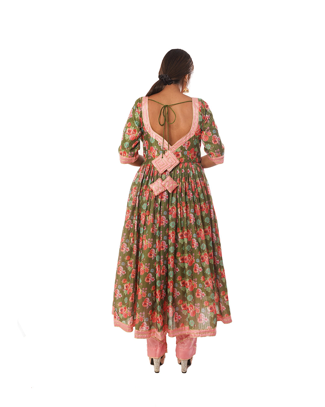 Moss green chanderi cotton anarkali set