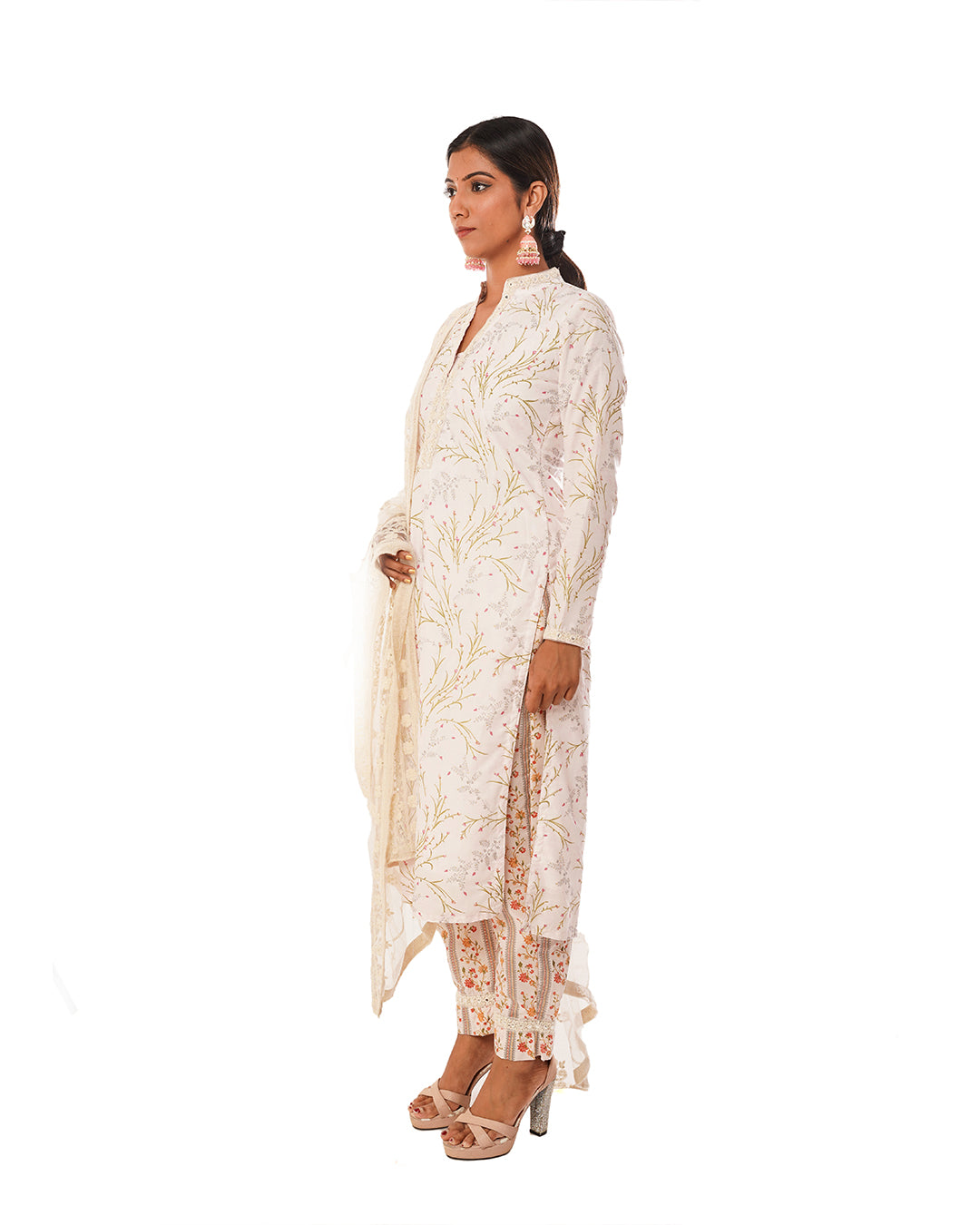 Powder pink muslin printed cotton churidar set