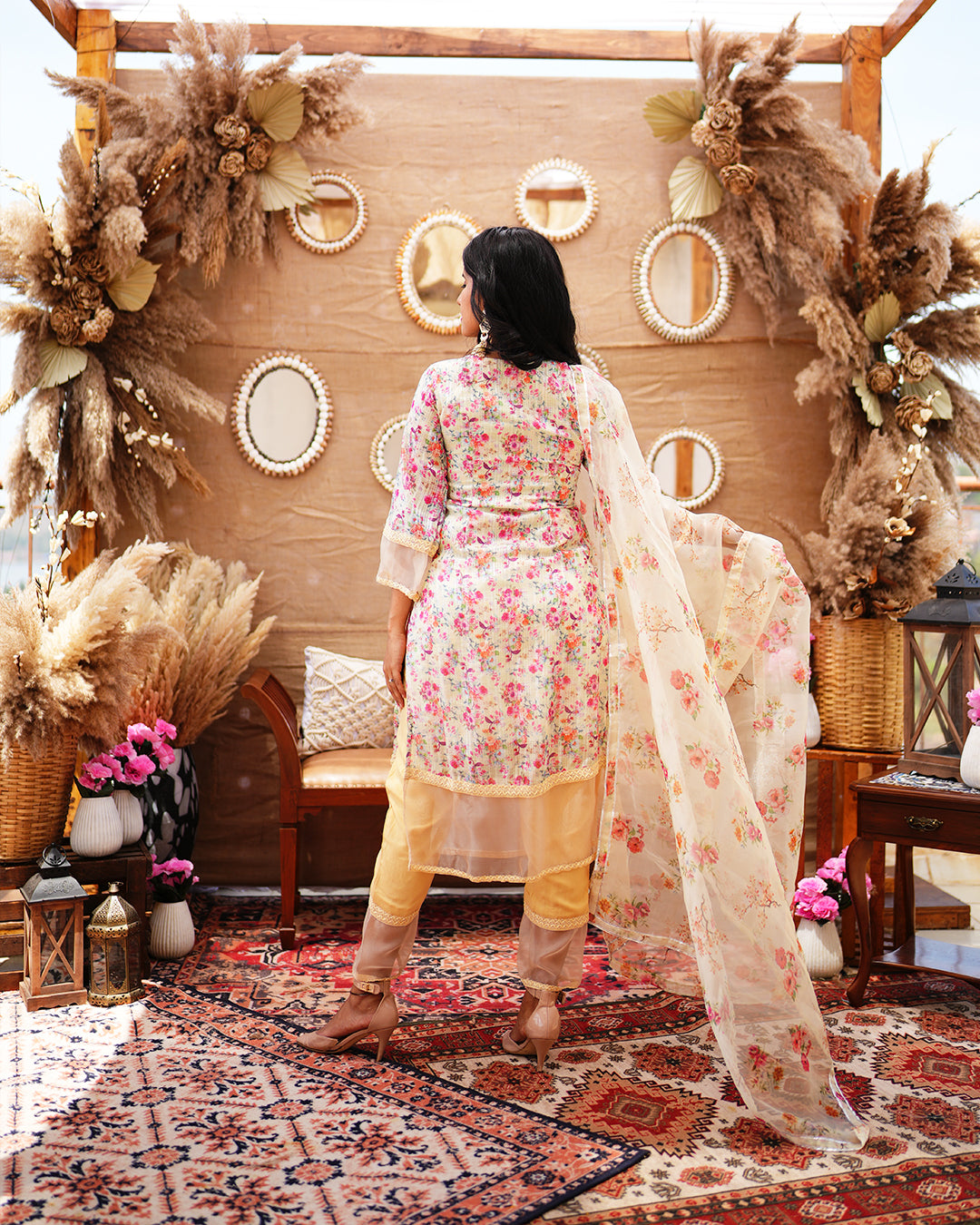 Powder yellow printed zari cotton churidar set