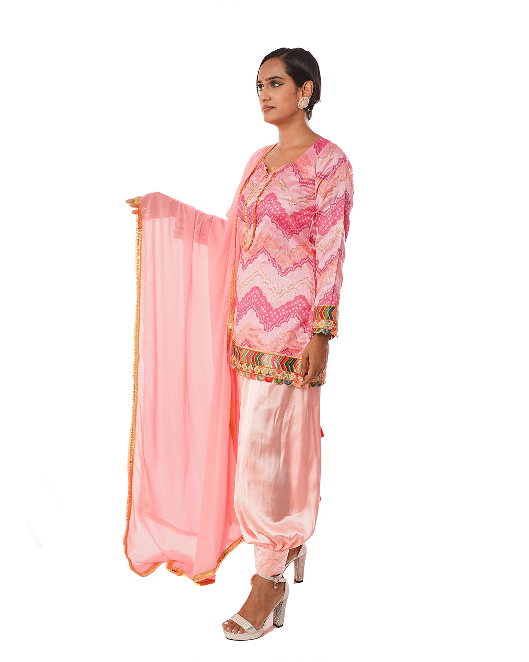 Pink Silk printed Pathani salwar set