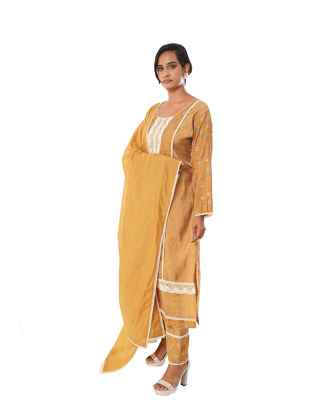 mustard muslin printed cotton churidar set