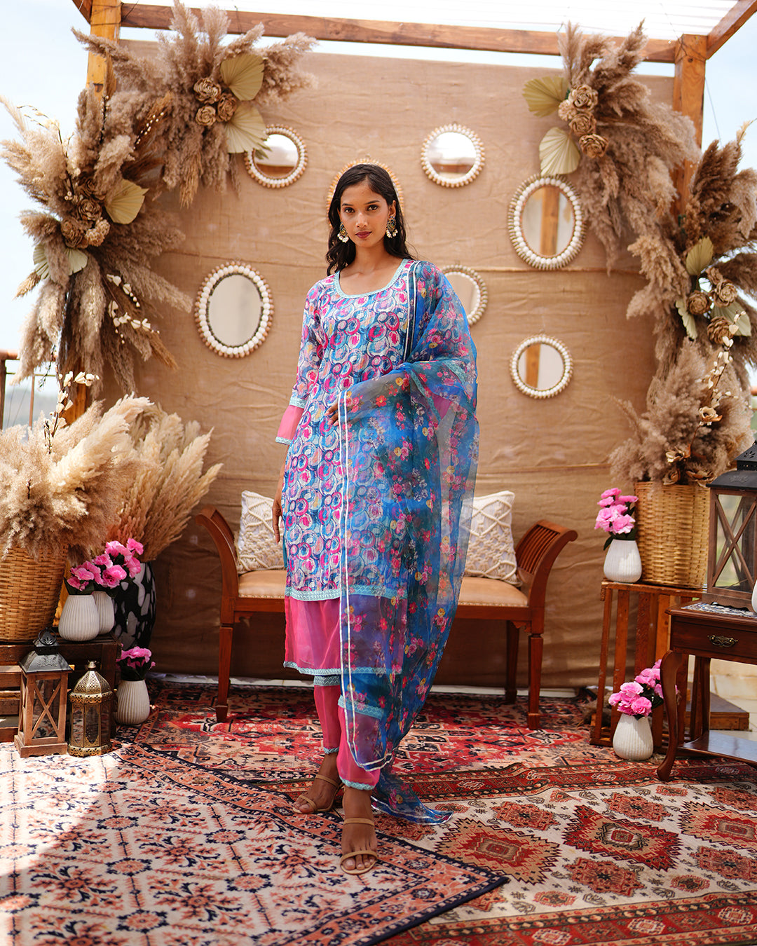 Blue printed zari cotton churidar set