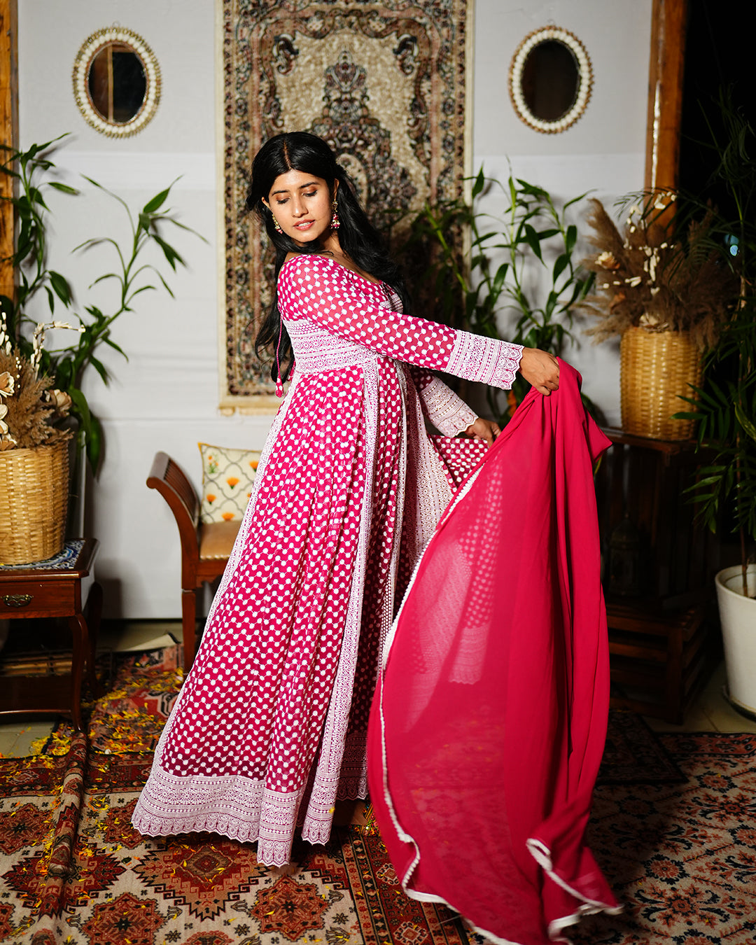 Rani pink georgette chikankari anarkali