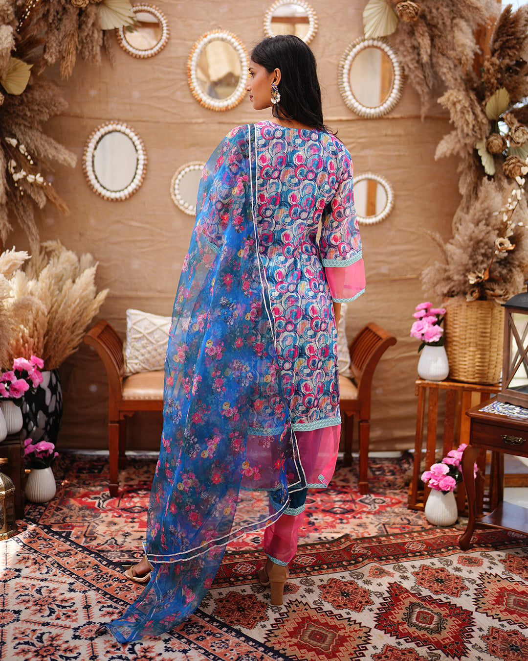 Blue printed zari cotton churidar set