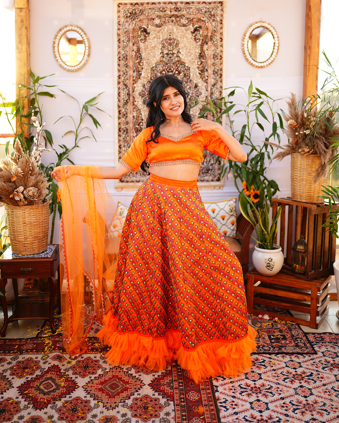 Tangerine orange peacock lehenga set