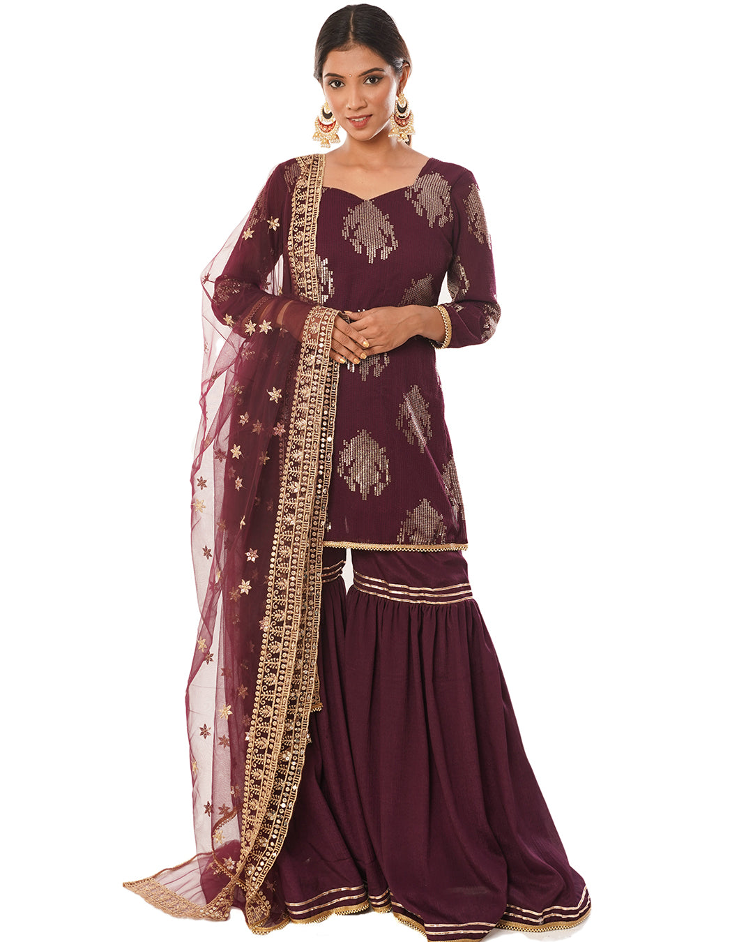 Maroon  gold sequin sharara suit