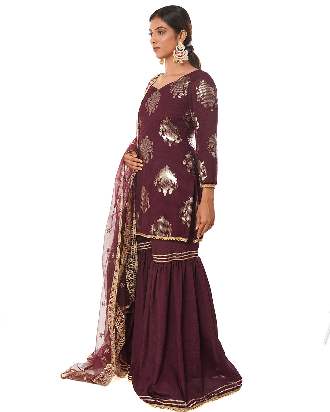 Maroon  gold sequin sharara suit