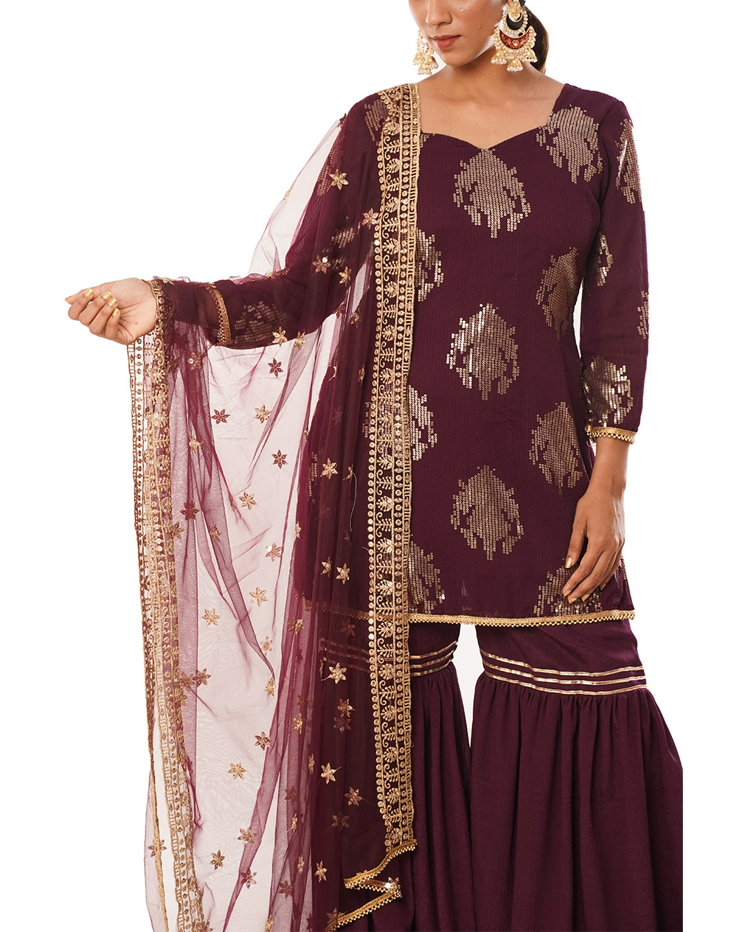 Maroon  gold sequin sharara suit