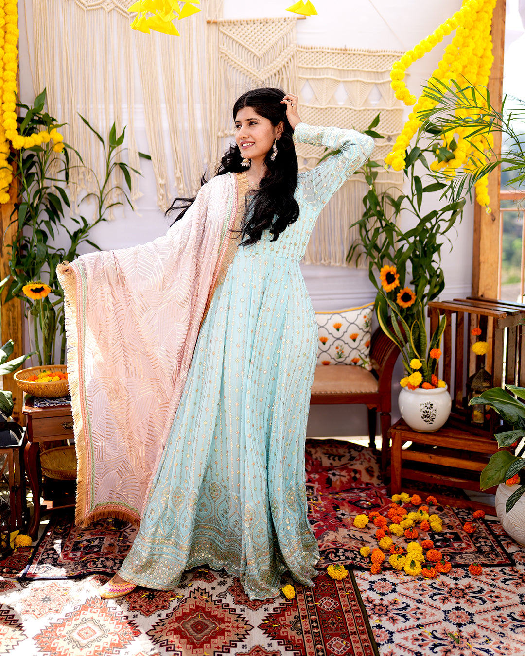 Canal blue Viscose blooming georgette Anarkali