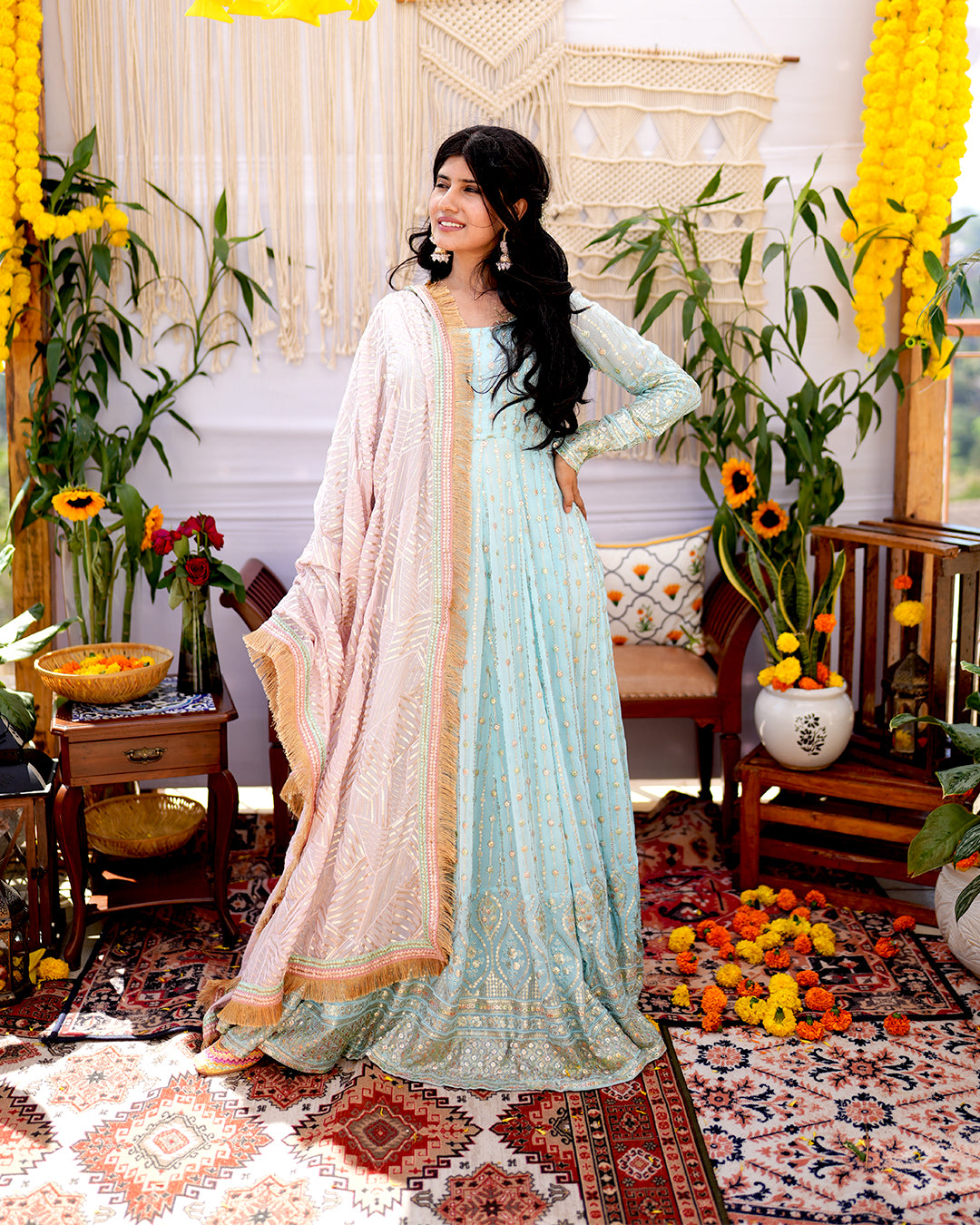 Canal blue Viscose blooming georgette Anarkali