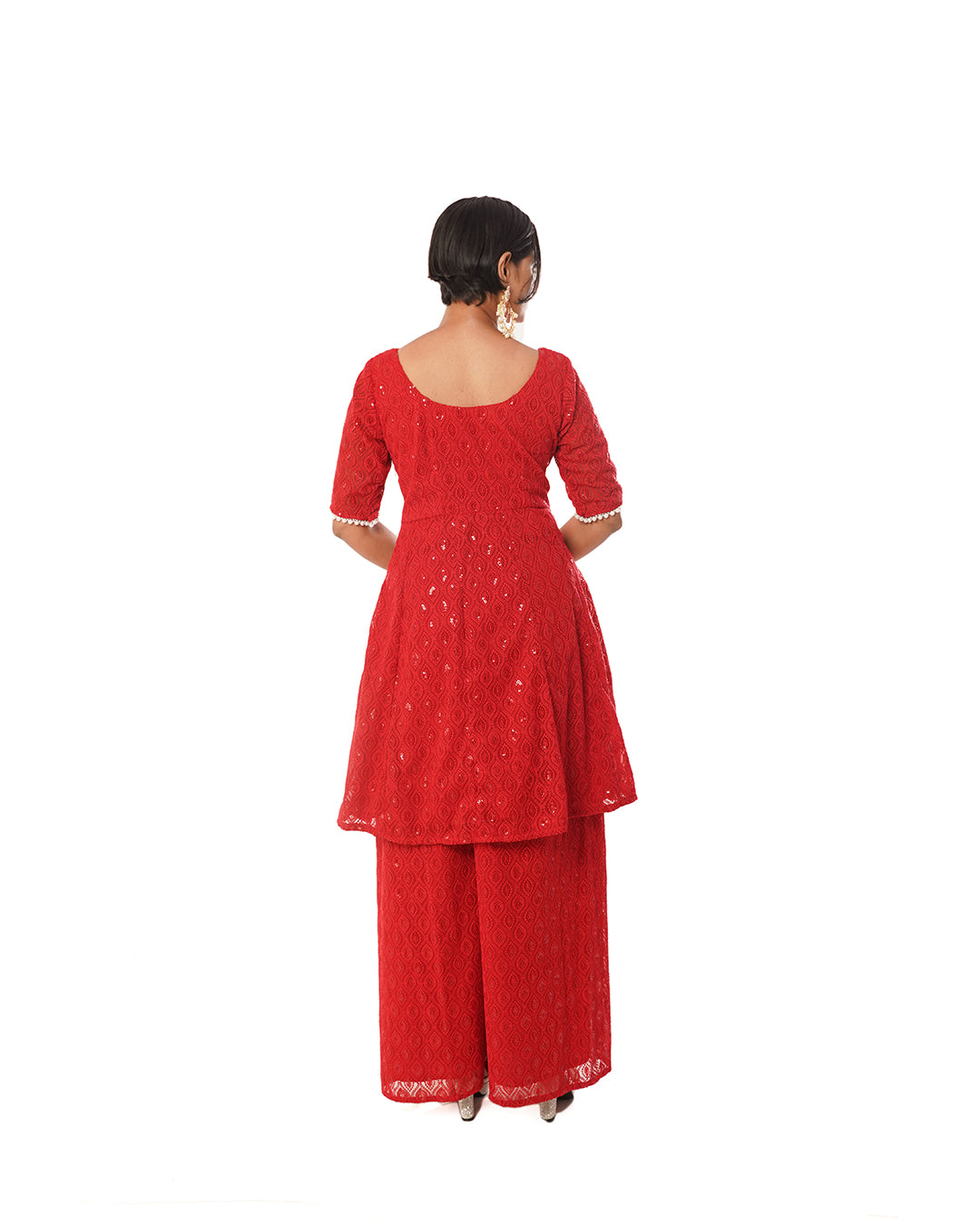 Apple red viscose georgette sequin palazzo suit