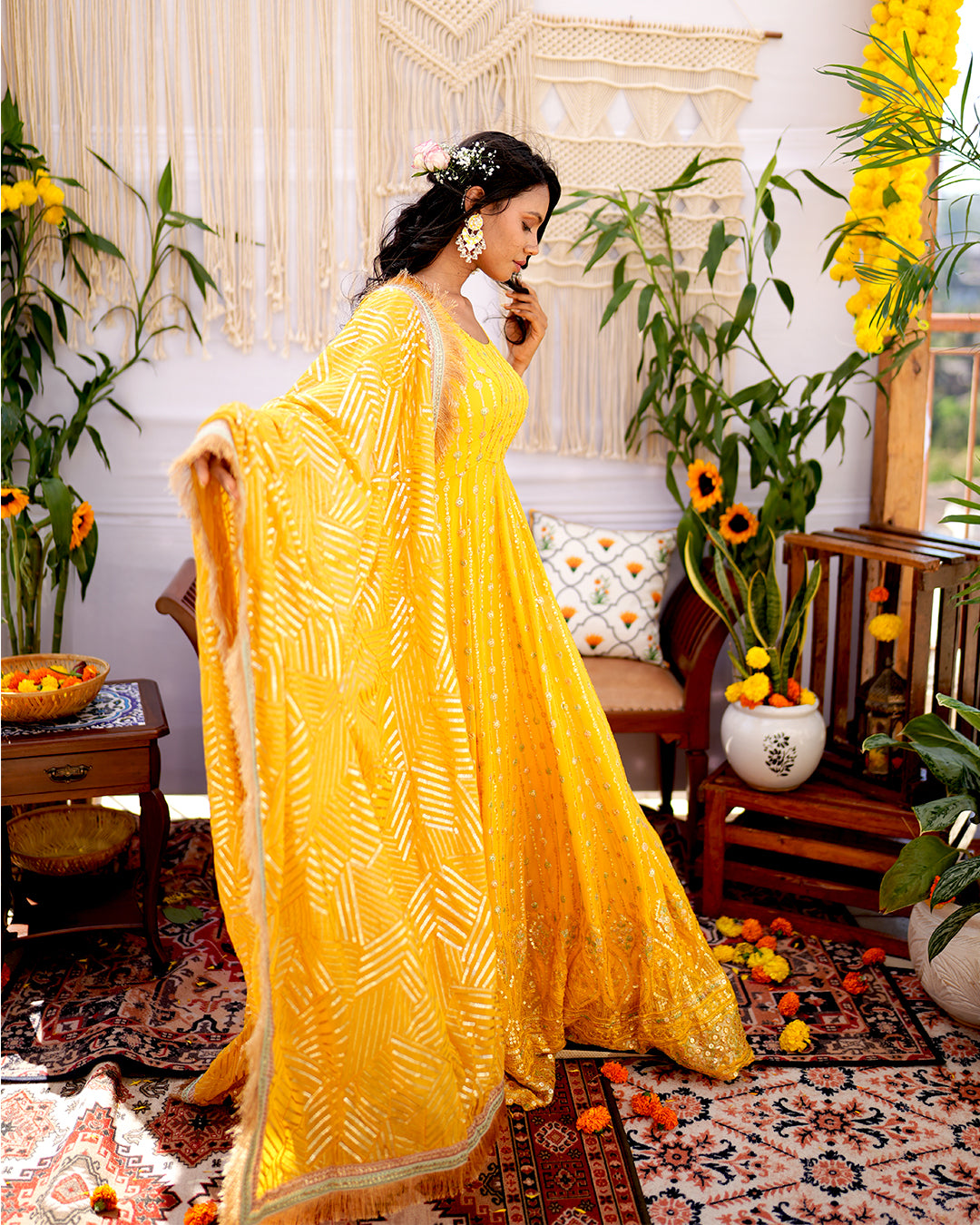 Chrome yellow Viscose blooming georgette anarkali