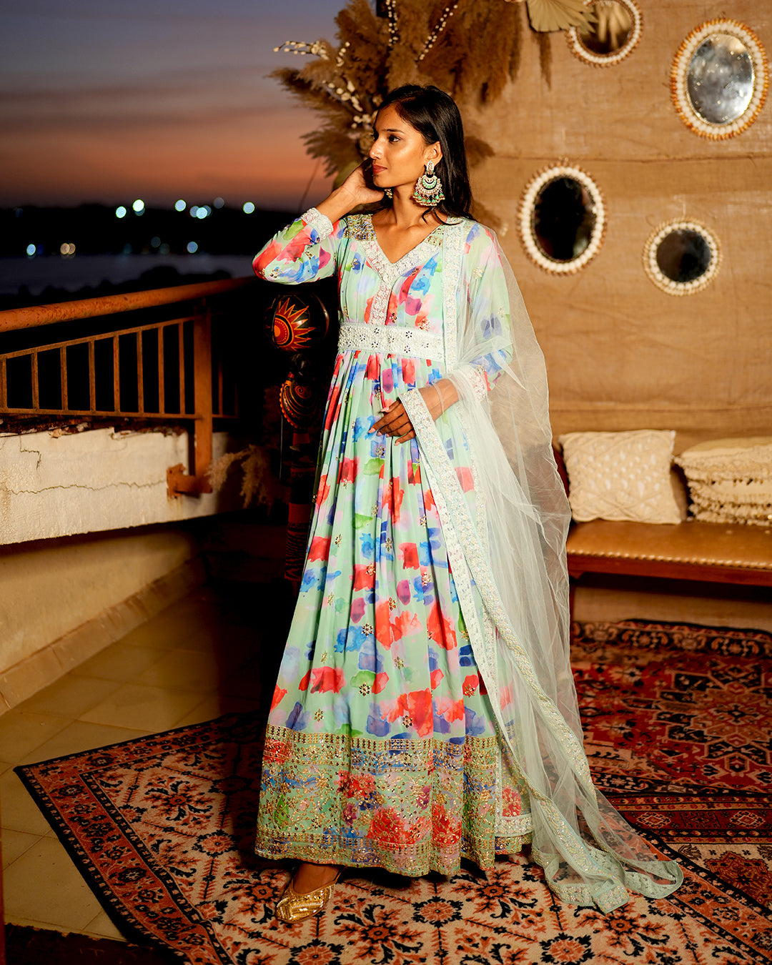 Mint abstract print georgette anarkali set