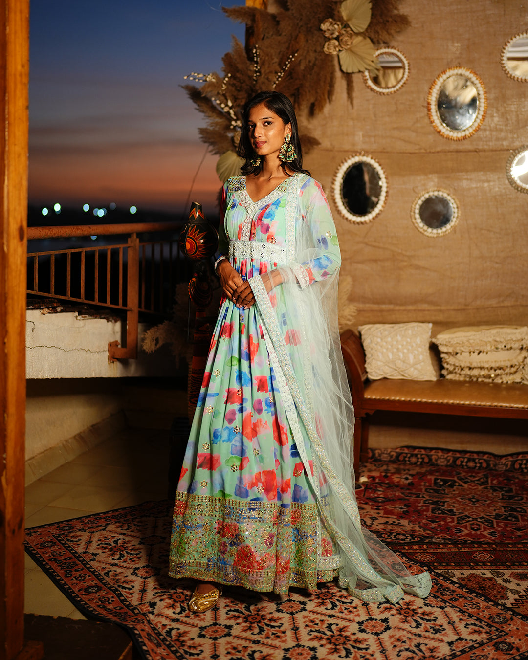 Mint abstract print georgette anarkali set