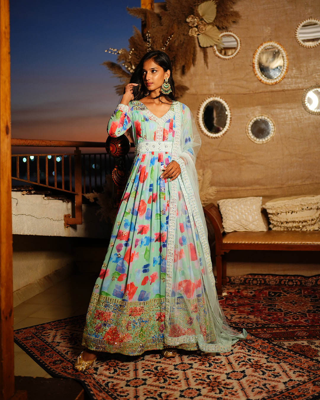 Mint abstract print georgette anarkali set