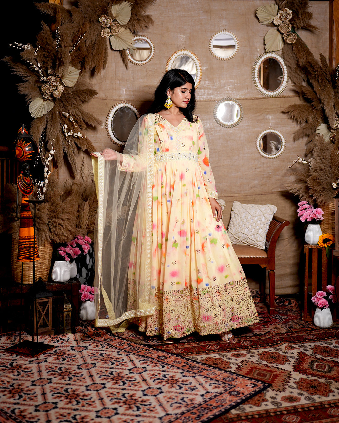 Yellow abstract print georgette anarkali set