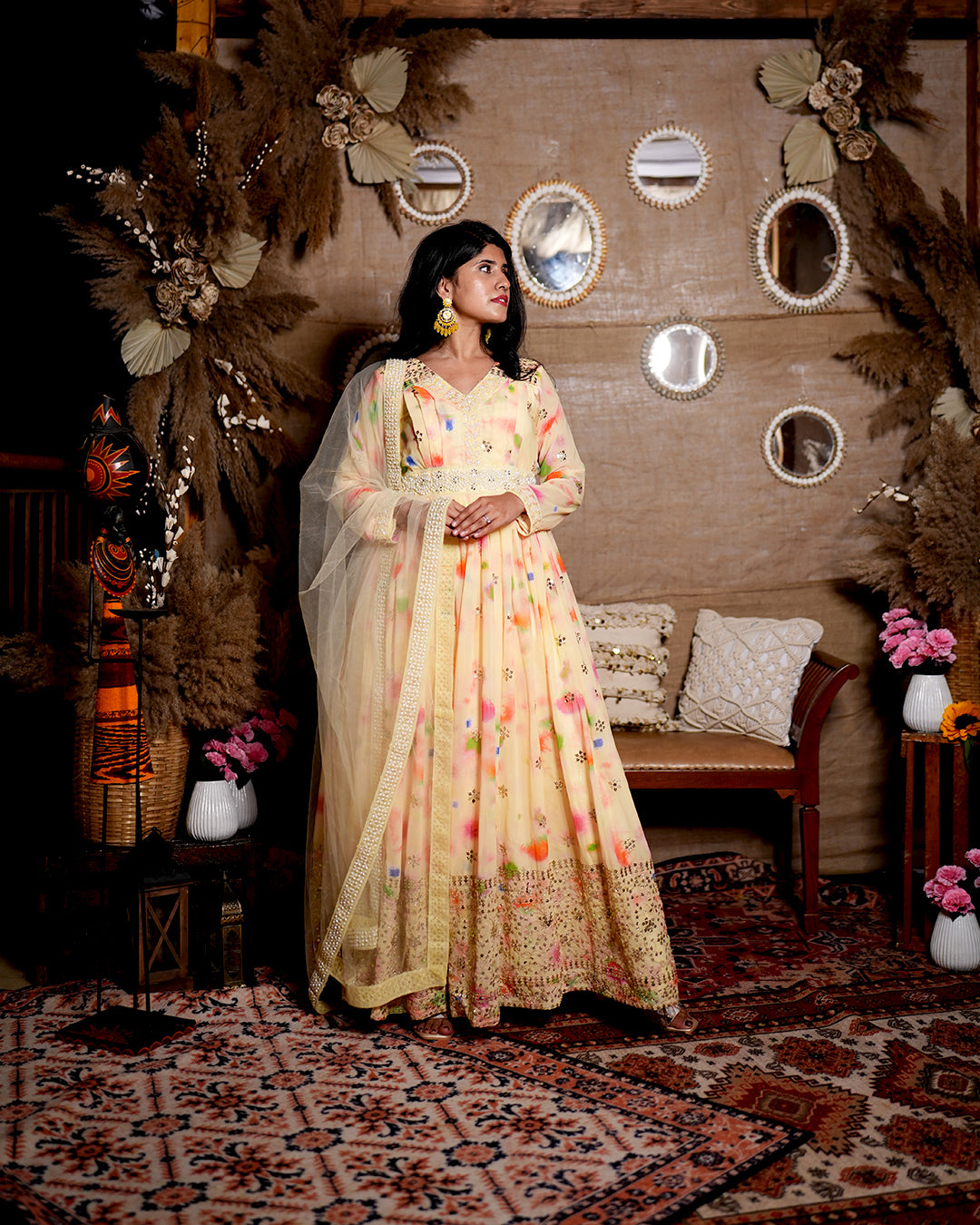 Yellow abstract print georgette anarkali set