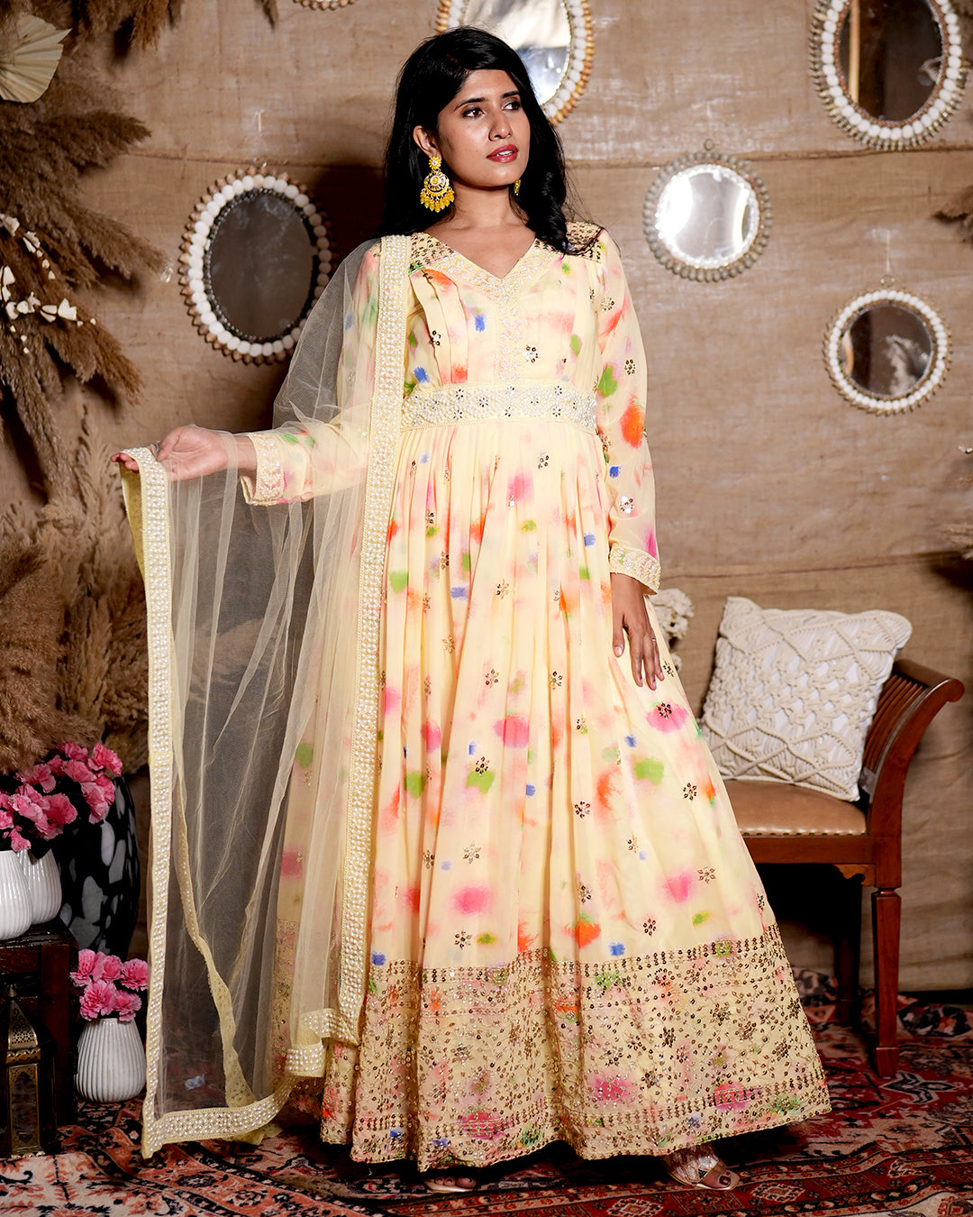 Yellow abstract print georgette anarkali set