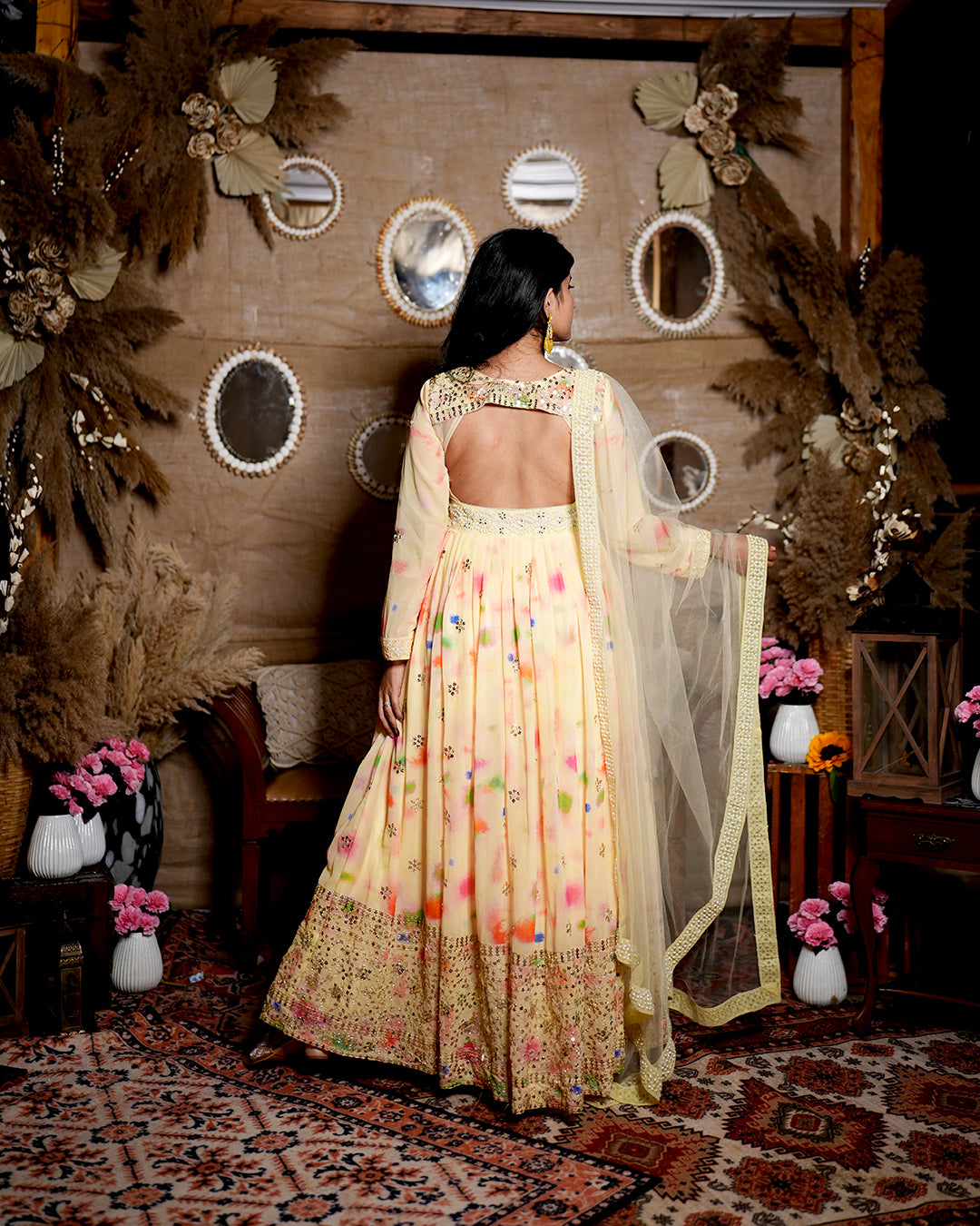 Yellow abstract print georgette anarkali set