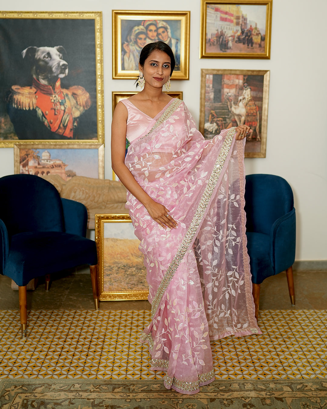 Rose Pink Mirror cut organza saree