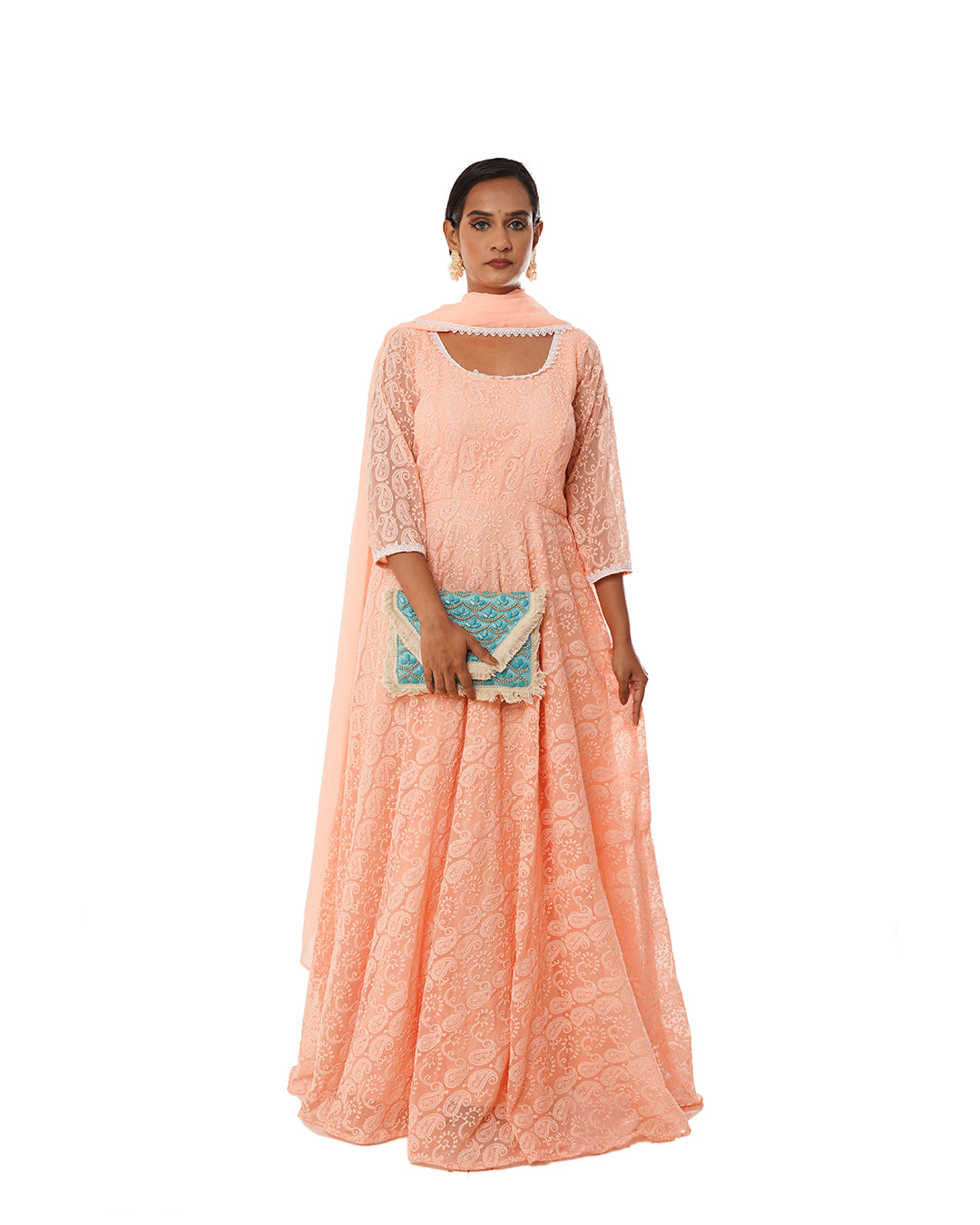 Peach fox georgette chikankari anarkali