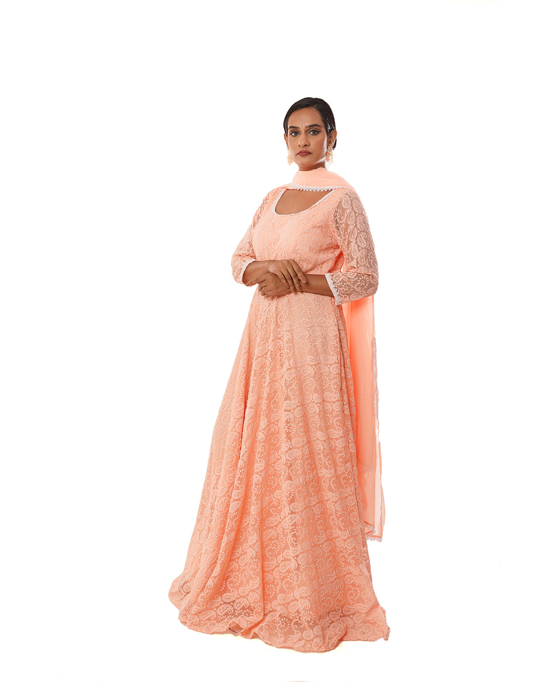 Peach fox georgette chikankari anarkali