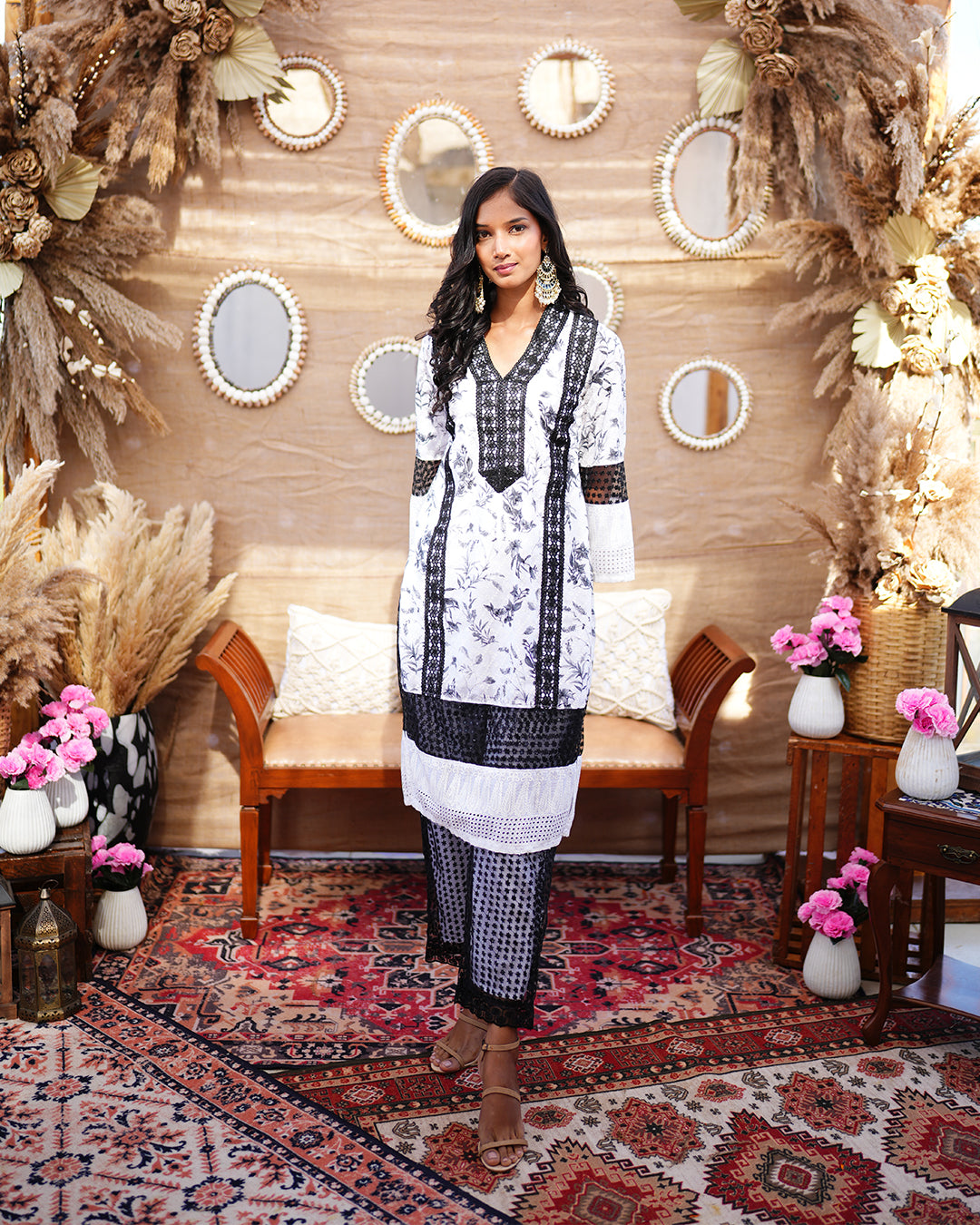 Black and white cotton net salwar suit with digital prints