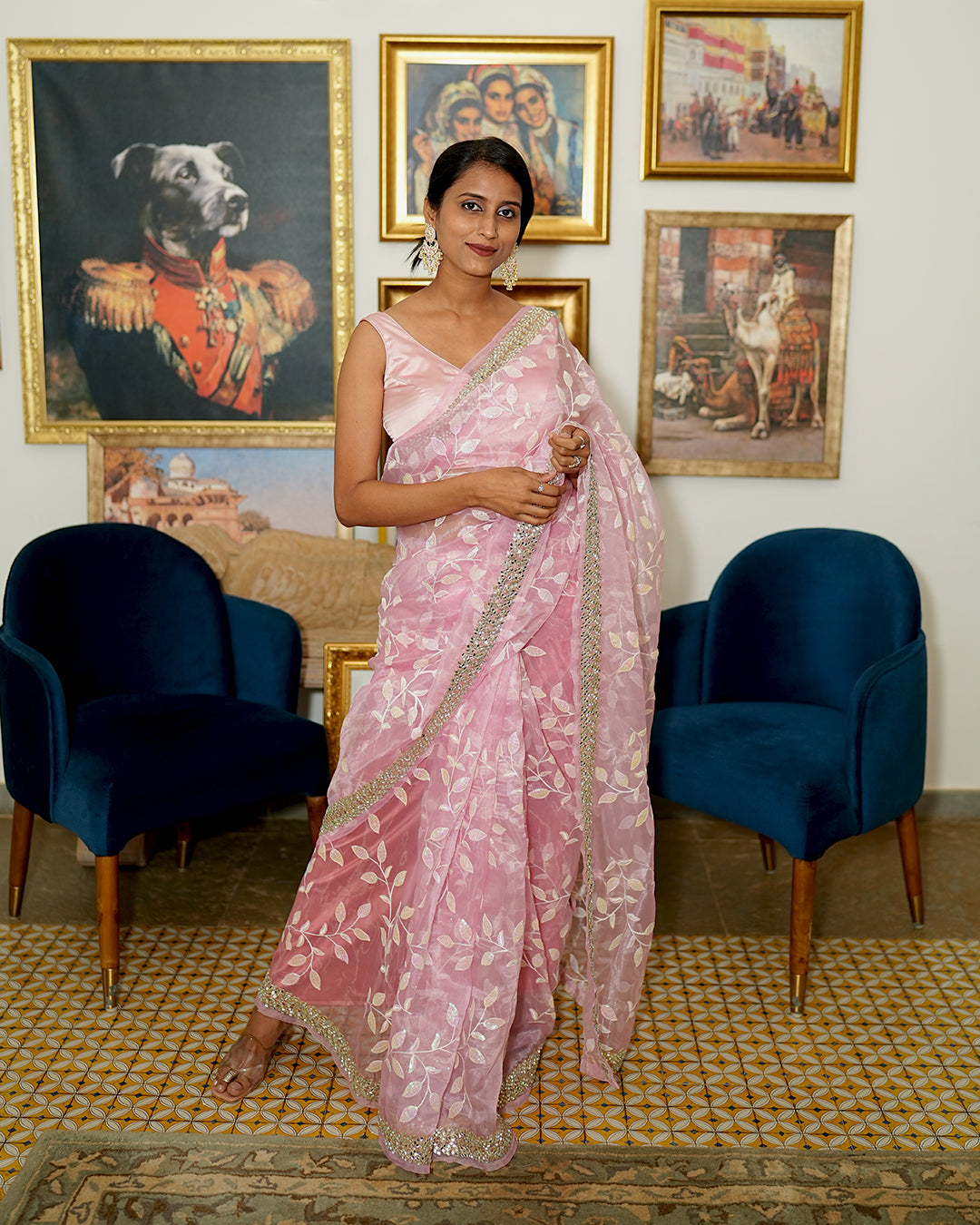 Rose Pink Mirror cut organza saree