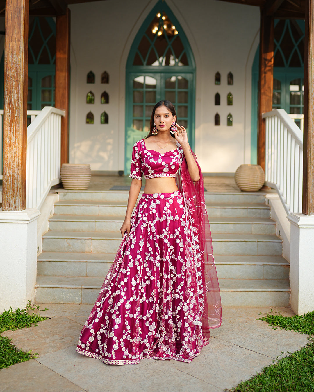 Magenta pink flower embroidered