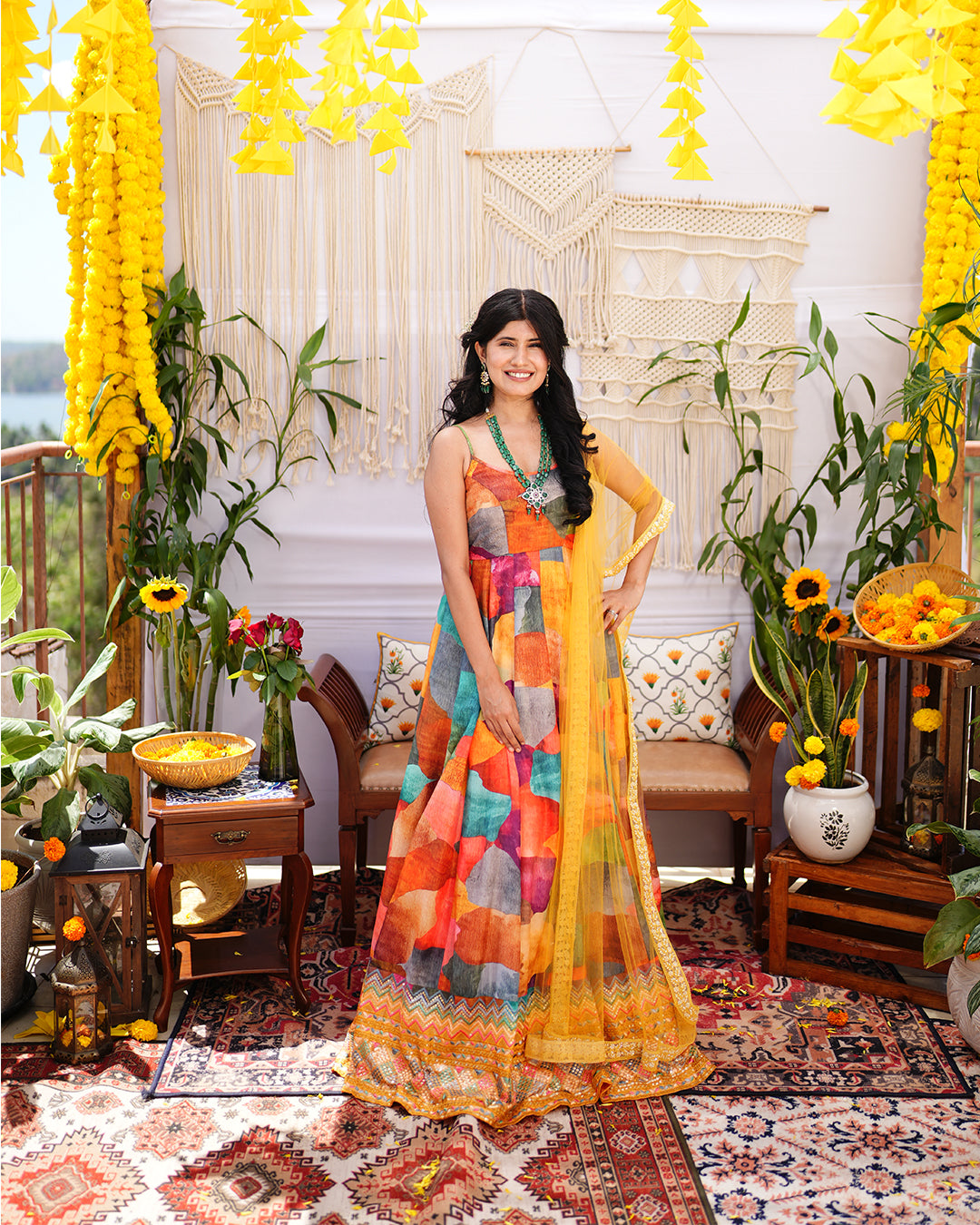 Multicolour abstract printed silk woven cotton anarkali set