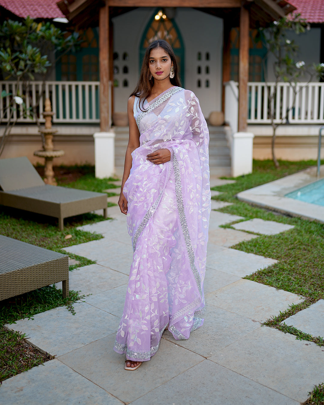 Lavender mirror cut organza saree