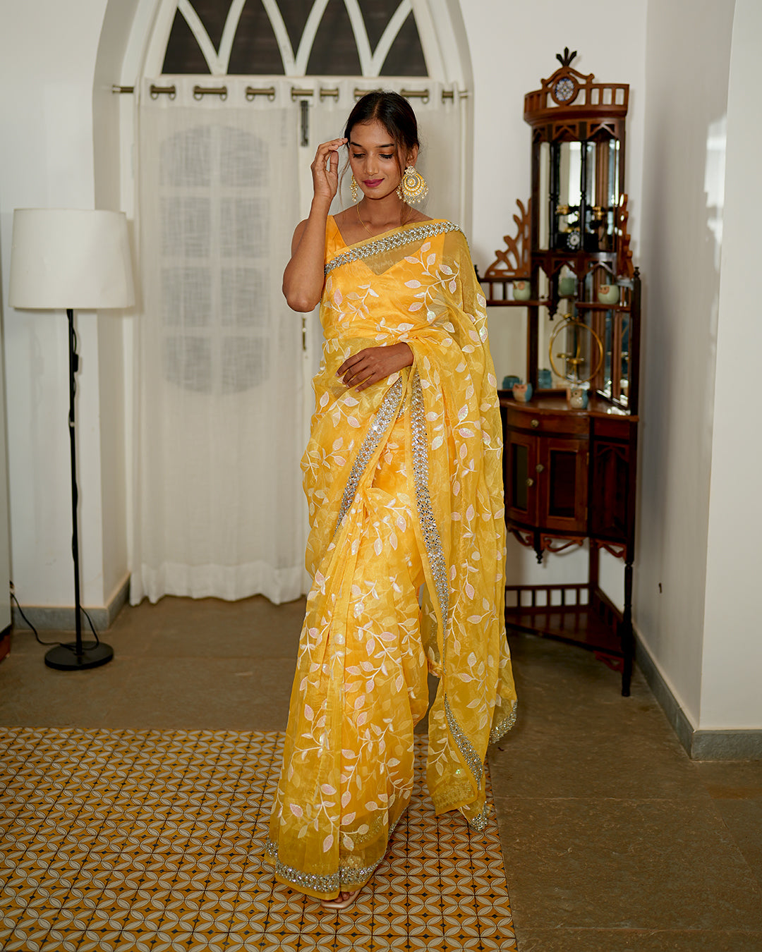 Amber yellow mirror cut organza saree