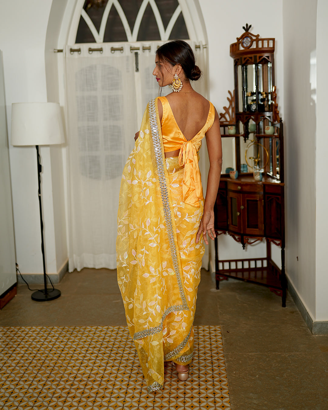 Amber yellow mirror cut organza saree