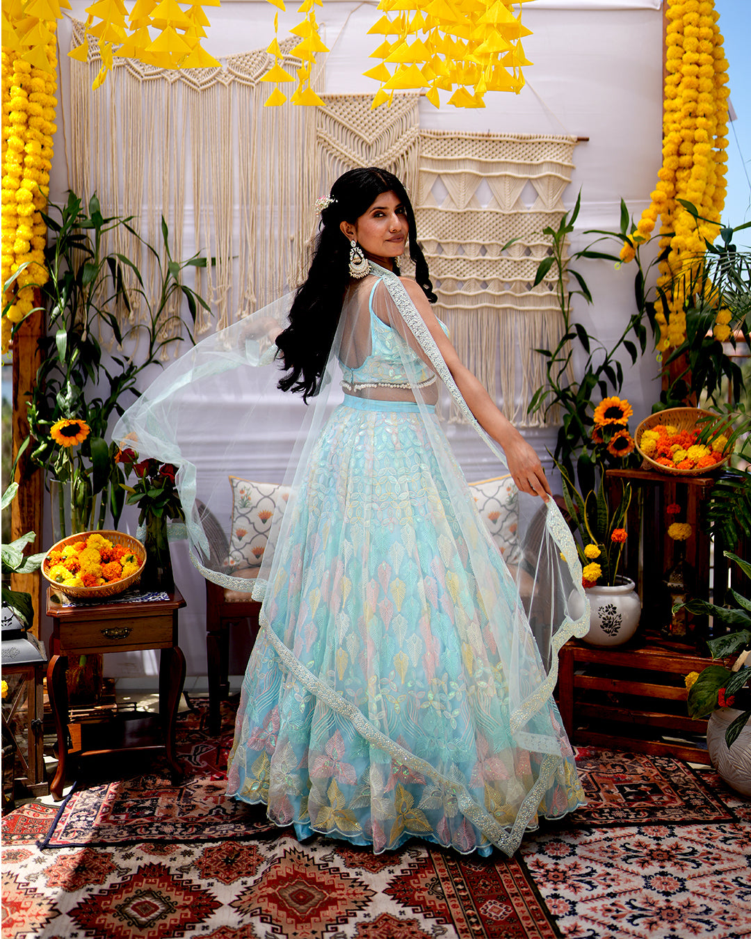 Cyan Tissue Net Lehenga with Thread work