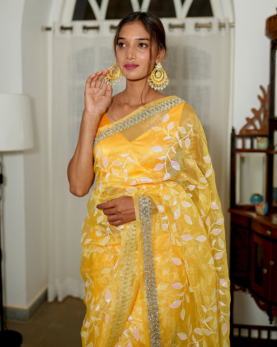 Amber yellow mirror cut organza saree