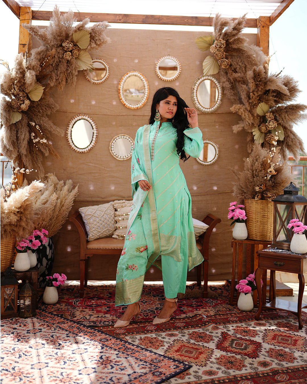 Metal mint green pure cotton silk weaving  salwar kameez set